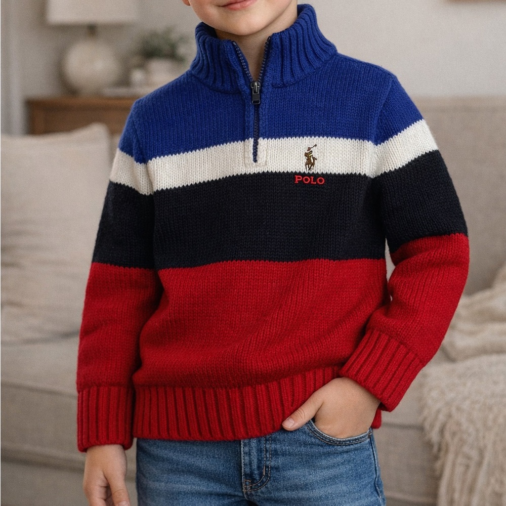 Polo Ralph Lauren Boys Colorblock Sweater Red Blue Black 1/4 Zip Knit Sz 2T‎